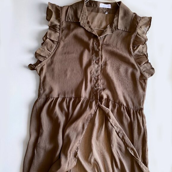 Echo Rose Brown Sheer Button Down Ruffle Sleeve Long Tunic Dress Cover-Up Size S - Picture 7 of 7